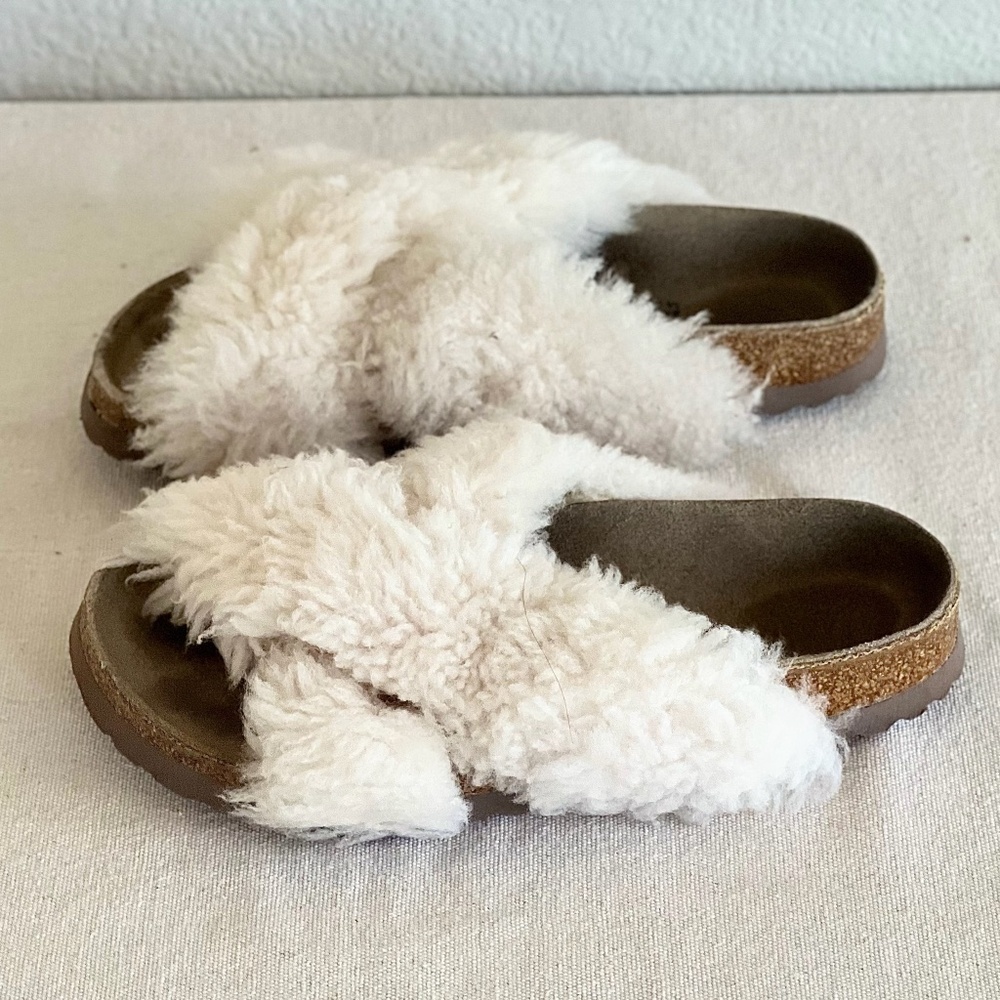 Papillio Cream Shearling Crossover Slide Sandals - Picture 12 of 16